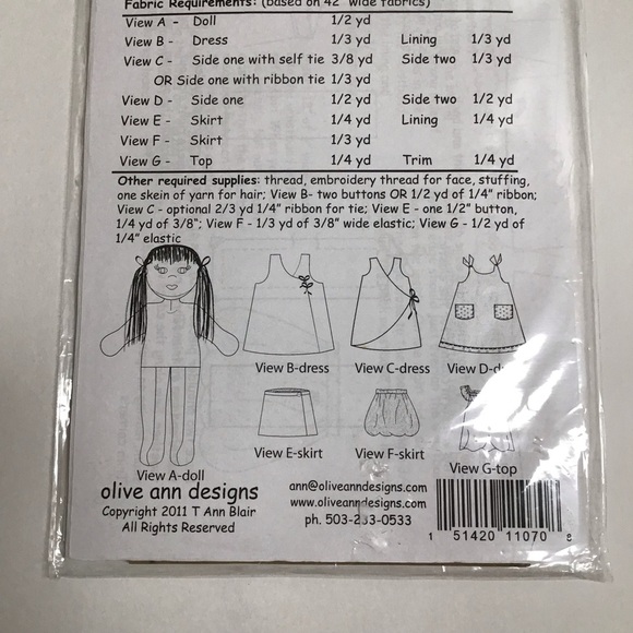 Olive Ann Designs Best Buds 18” Cloth Doll Clothes UNCUT Sewing Pattern 2011 NEW - Picture 6 of 9